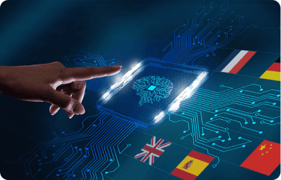 Hand pointing at a glowing AI brain icon on a digital interface with international flags.