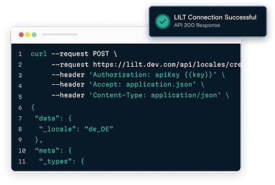 Code snippet showing a cURL API request with a success message popup.