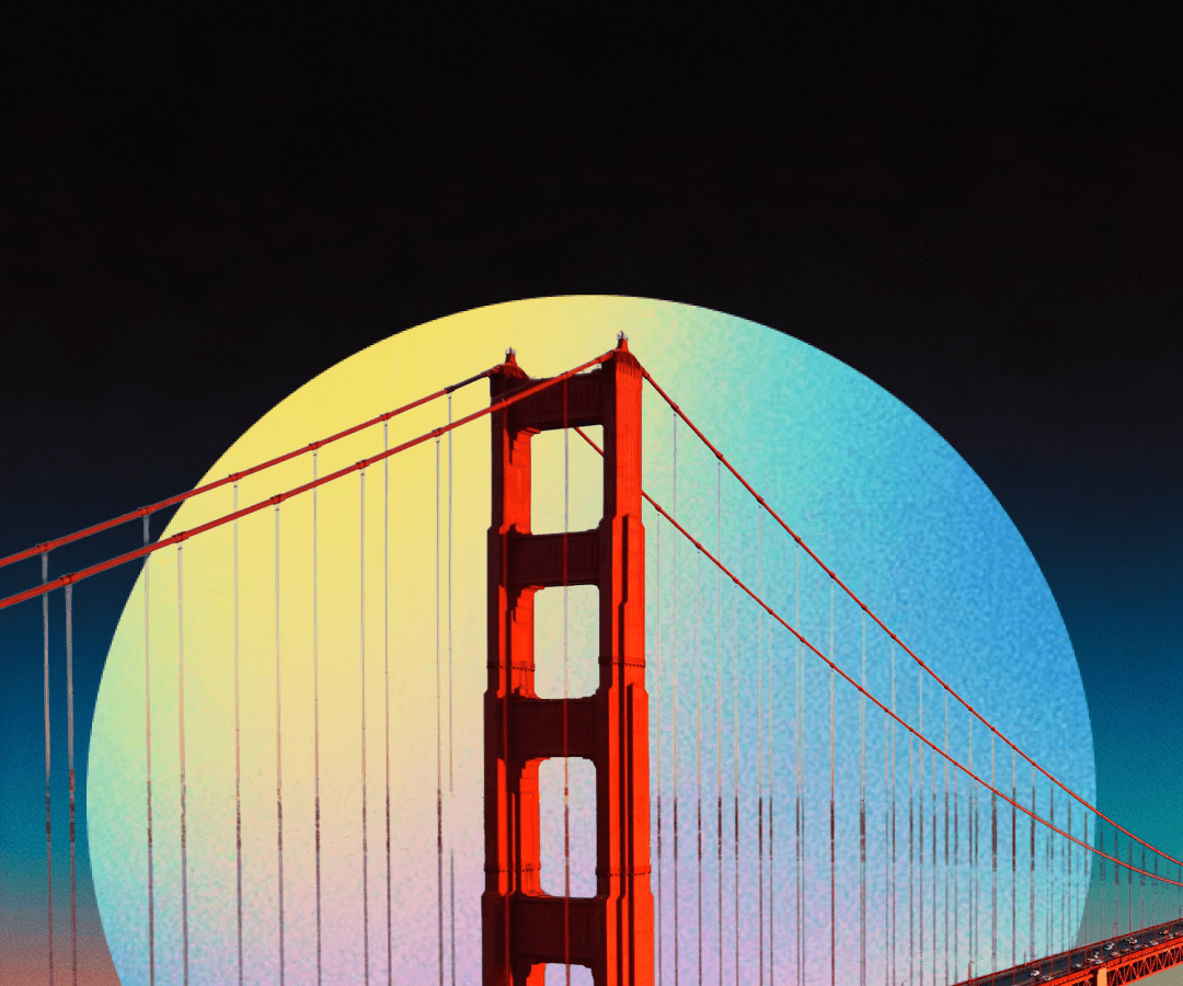 Golden Gate Bridge with a rising gradient sun