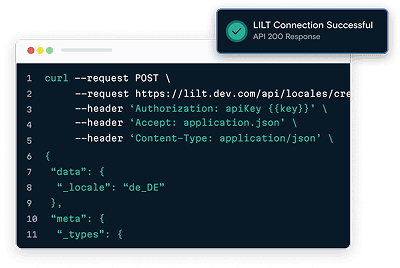 Code snippet showing a cURL API request with a success message popup.