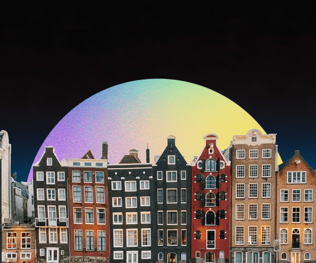 Amsterdam skyline with a rising gradient sun